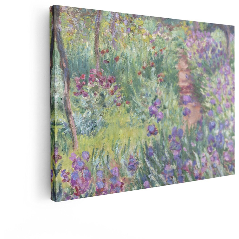 Artaza Canvas Schilderij Impressionistische Tuin met Paadje en Bloeiende Irissen en Rode Bloemen - 80x60 cm - Wanddecoratie Woonkamer - Schilderijen - Muurdecoratie afbeelding 1