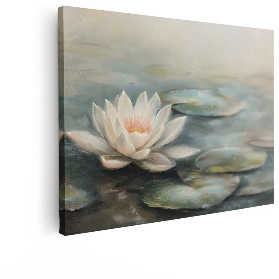 Artaza Canvas Schilderij Schilderij van een Witte Waterlelie Die Rust op het Water met Leliebladeren - 80x60 cm - Wanddecoratie Woonkamer - Schilderijen - Muurdecoratie afbeelding 1