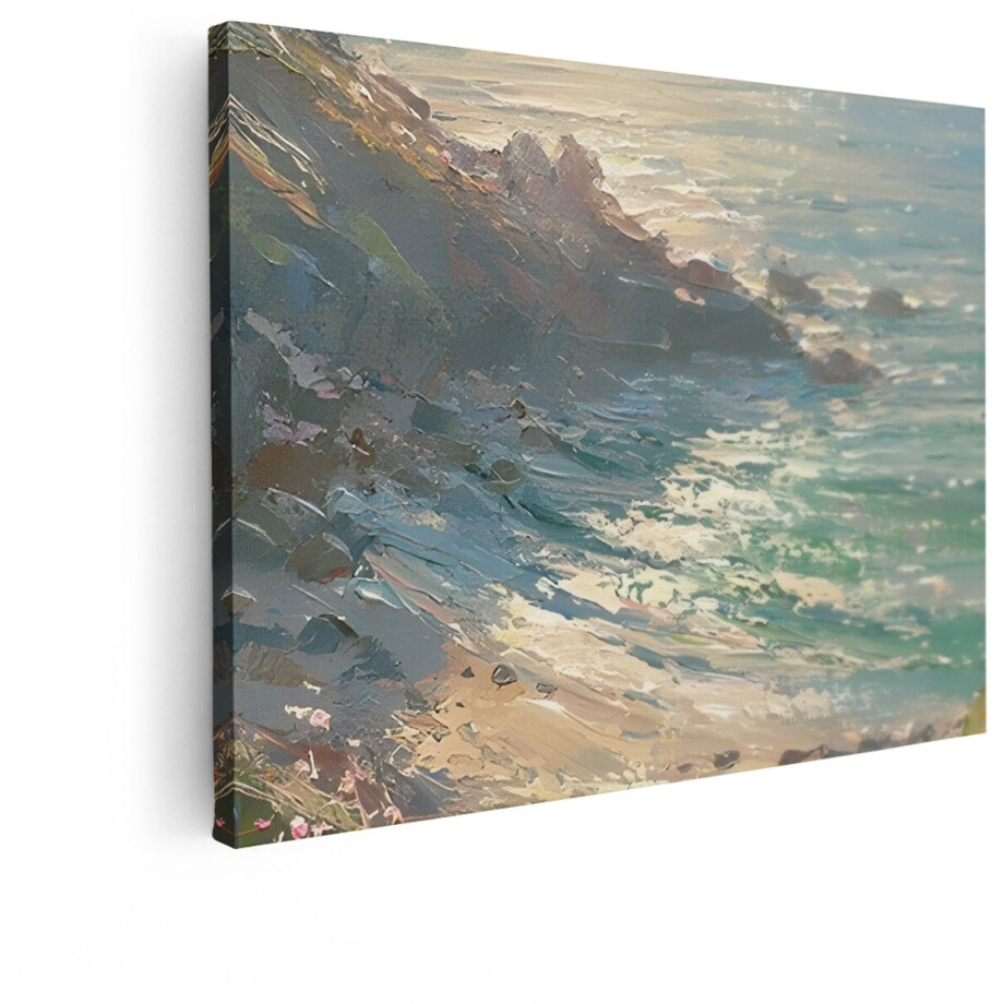 Artaza Canvas Schilderij Impressionistische Olieverfschilderij van een Rotsachtige Kustlijn met Golven - 80x60 cm - Wanddecoratie Woonkamer - Schilderijen - Muurdecoratie afbeelding 1