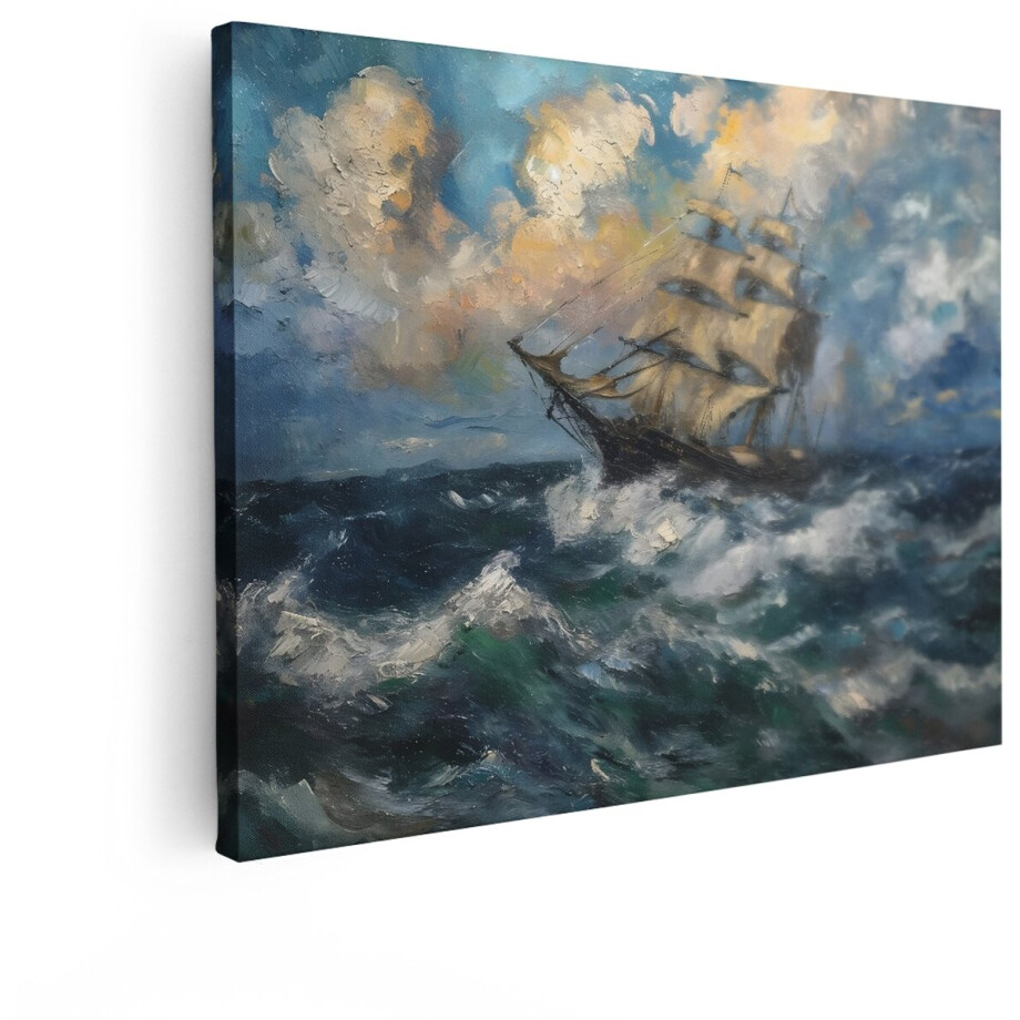 Artaza Canvas Schilderij Schilderij van een Zeilschip dat door Woeste Golven Vaart onder een Dramatische Hemel - 80x60 cm - Wanddecoratie Woonkamer - Schilderijen - Muurdecoratie afbeelding 1