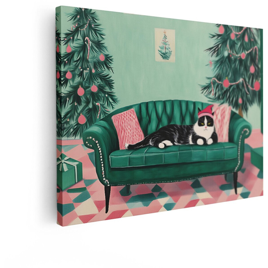 Artaza Canvas Schilderij Kat - 80x60 cm - Wanddecoratie Kerst - Muurdecoratie Kerstboom - Decoratie Woonkamer - Zwart Wit afbeelding 1