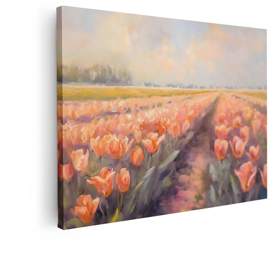 Artaza Canvas Schilderij Tulpenveld - 120x90 cm - Wanddecoratie Bloemen - Muurdecoratie Landschap - Decoratie Lente Oranje afbeelding 1