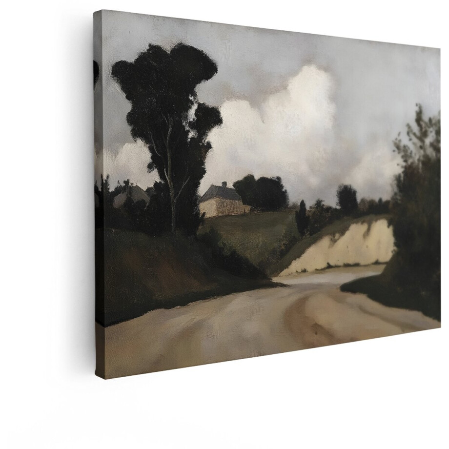 Artaza Canvas Schilderij Schilderachtig Landschap met een Landweg en een Huis onder een Dramatische Hemel - 40x30 cm - Klein - Wanddecoratie Woonkamer - Schilderijen - Muurdecoratie afbeelding 1