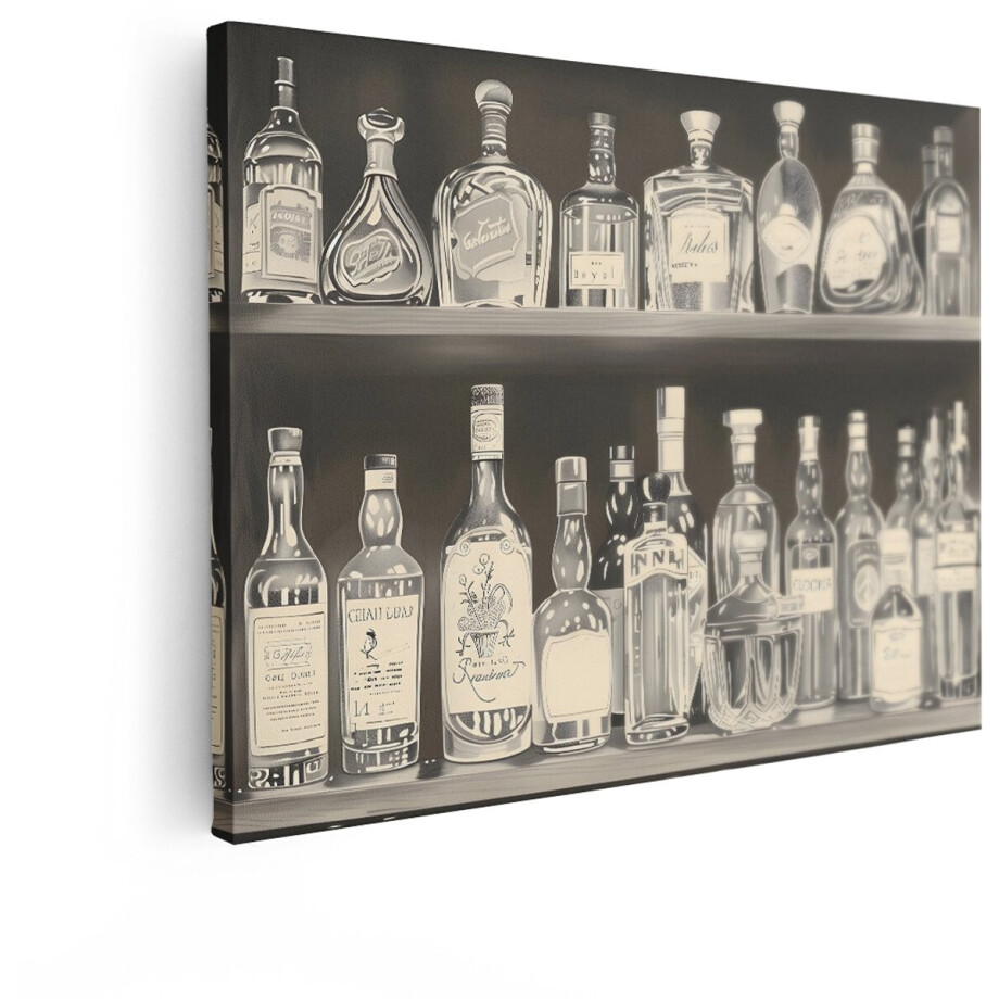 Artaza Canvas Schilderij Sterke Drank - 40x30 cm - Retro Wanddecoratie Bar - Muurdecoratie Vintage Flessen - Schilderijen Op Canvas Zwart Wit afbeelding 1