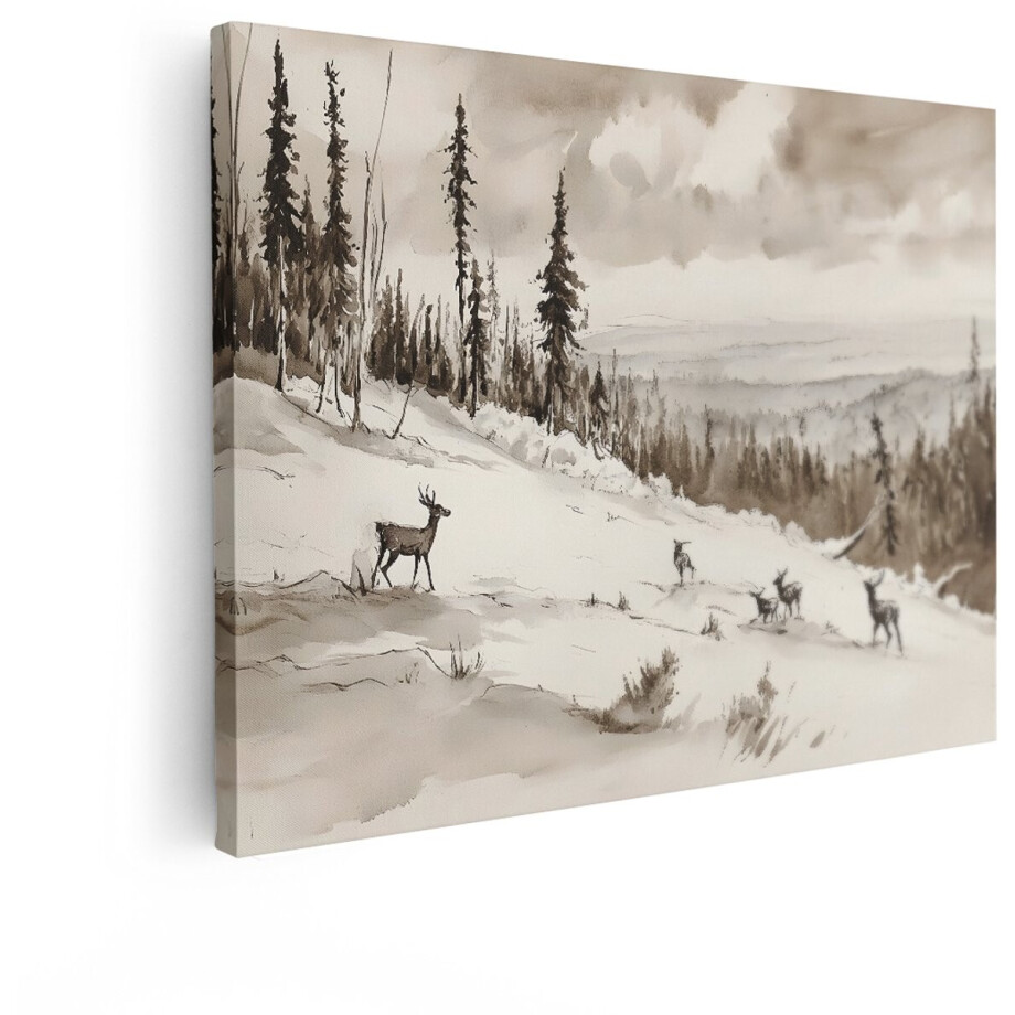 Artaza Canvas Schilderij Landschap - 40x30 cm - Wanddecoratie Herten In Sneeuw - Muurdecoratie Winter Bos - Decoratie Aquarel afbeelding 1
