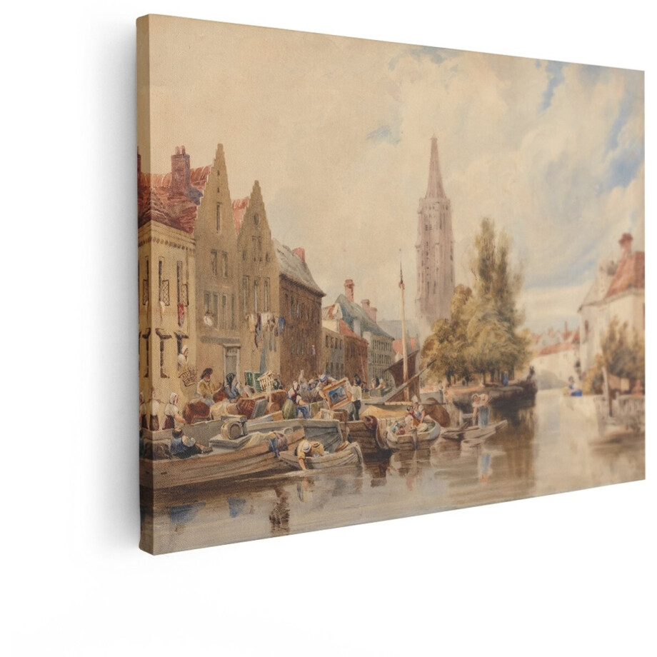 Artaza Canvas Schilderij Schilderachtige Waterweg met Drukke Markt en Historische Architectuur in de Zomer - 40x30 cm - Klein - Wanddecoratie Woonkamer - Schilderijen - Muurdecoratie afbeelding 1