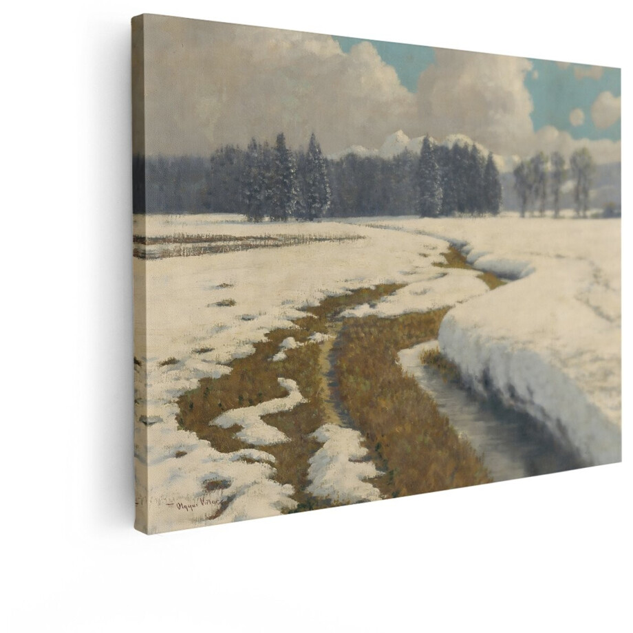 Artaza Canvas Schilderij Schilderij van een Besneeuwd Landschap met een Kronkelende Beek en Bergen op de Achtergrond - 40x30 cm - Klein - Wanddecoratie Woonkamer - Schilderijen - Muurdecoratie afbeelding 1