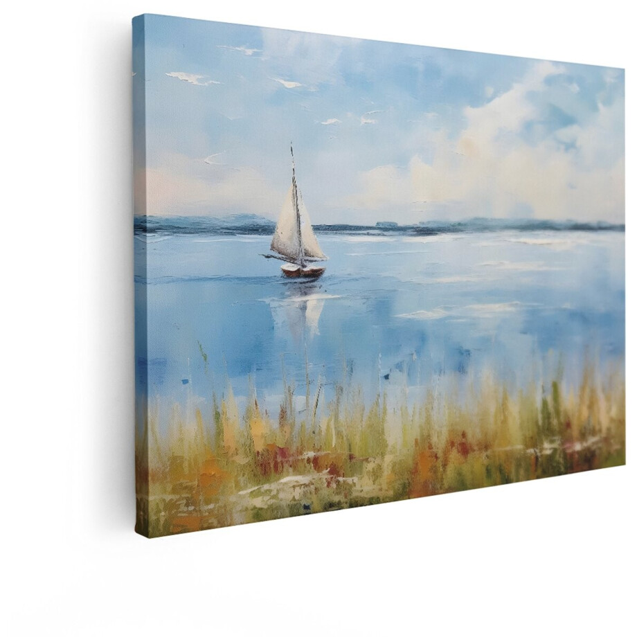 Artaza Canvas Schilderij Schilderij van een Zeilboot op een Kalme Zee met Weerspiegeling in het Water - 80x60 cm - Wanddecoratie Woonkamer - Schilderijen - Muurdecoratie afbeelding 1
