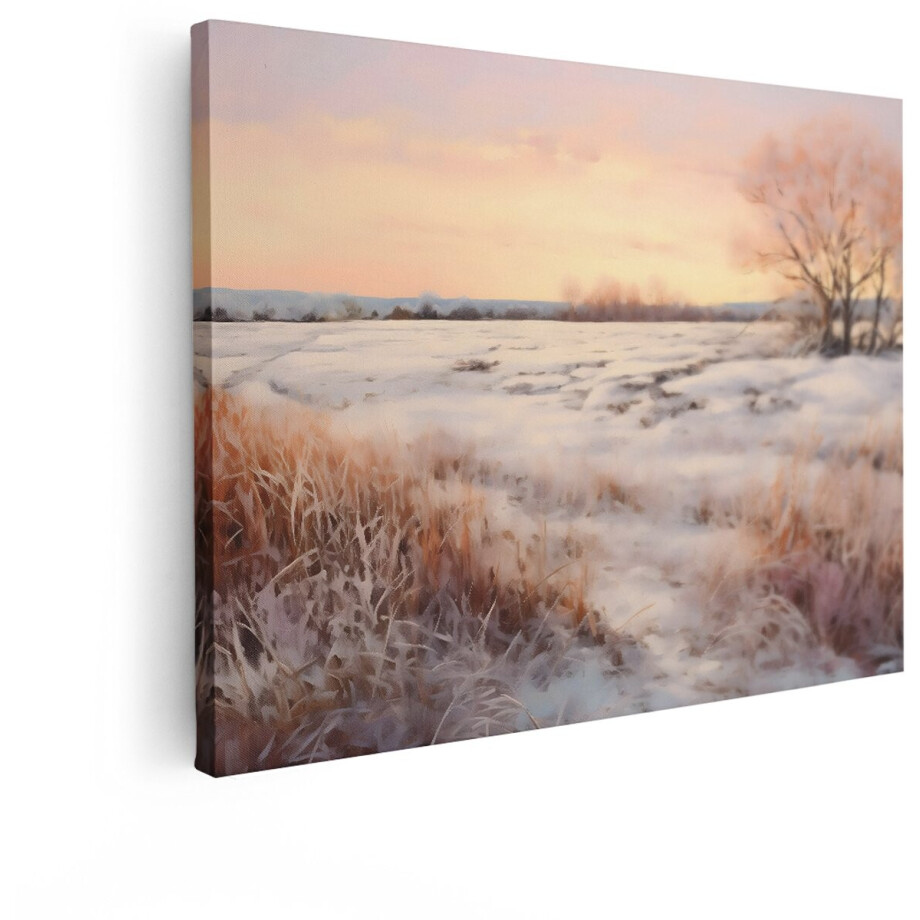 Artaza Canvas Schilderij Schilderachtig Winterlandschap bij Zonsopgang met Besneeuwde Velden en Rijp op de Bomen - 80x60 cm - Wanddecoratie Woonkamer - Schilderijen - Muurdecoratie afbeelding 1