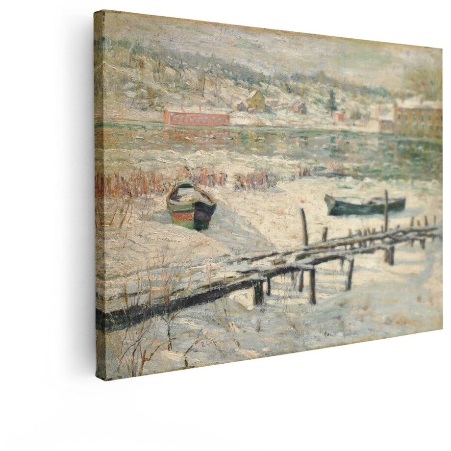 Artaza Canvas Schilderij Winterlandschap - 80x60 cm - Wanddecoratie Besneeuwd Dorp - Muurdecoratie Rivier Met Boten - Schilderijen Op Canvas Natuur Artaza Canvas Schilderij Winterlandschap - 80x60 cm - Wanddecoratie Besneeuwd Dorp - Muurdecoratie Rivier Met Boten - Schilderijen Op Canvas Natuur afbeelding 1