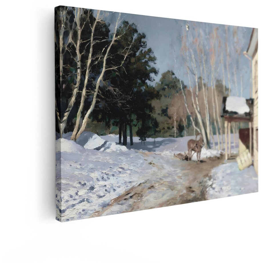 Artaza Canvas Schilderij Winterlandschap - 120x90 cm - Wanddecoratie Paard En Slee - Muurdecoratie Besneeuwd Bos - Decoratie Berken afbeelding 1