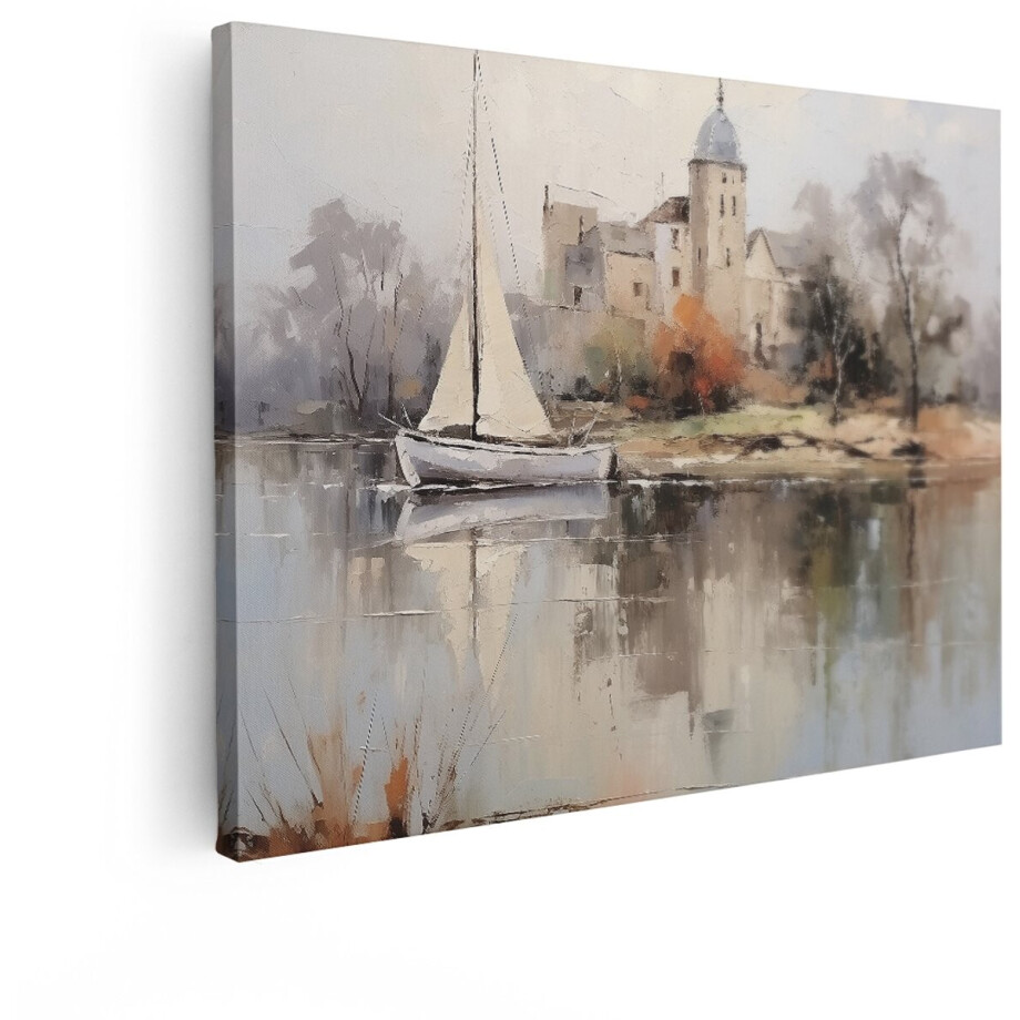 Artaza Canvas Schilderij Landschap Zeilboot - 120x90 cm - Wanddecoratie Kasteel Rivier - Muurdecoratie Natuur - Decoratie Mistig Water afbeelding 1