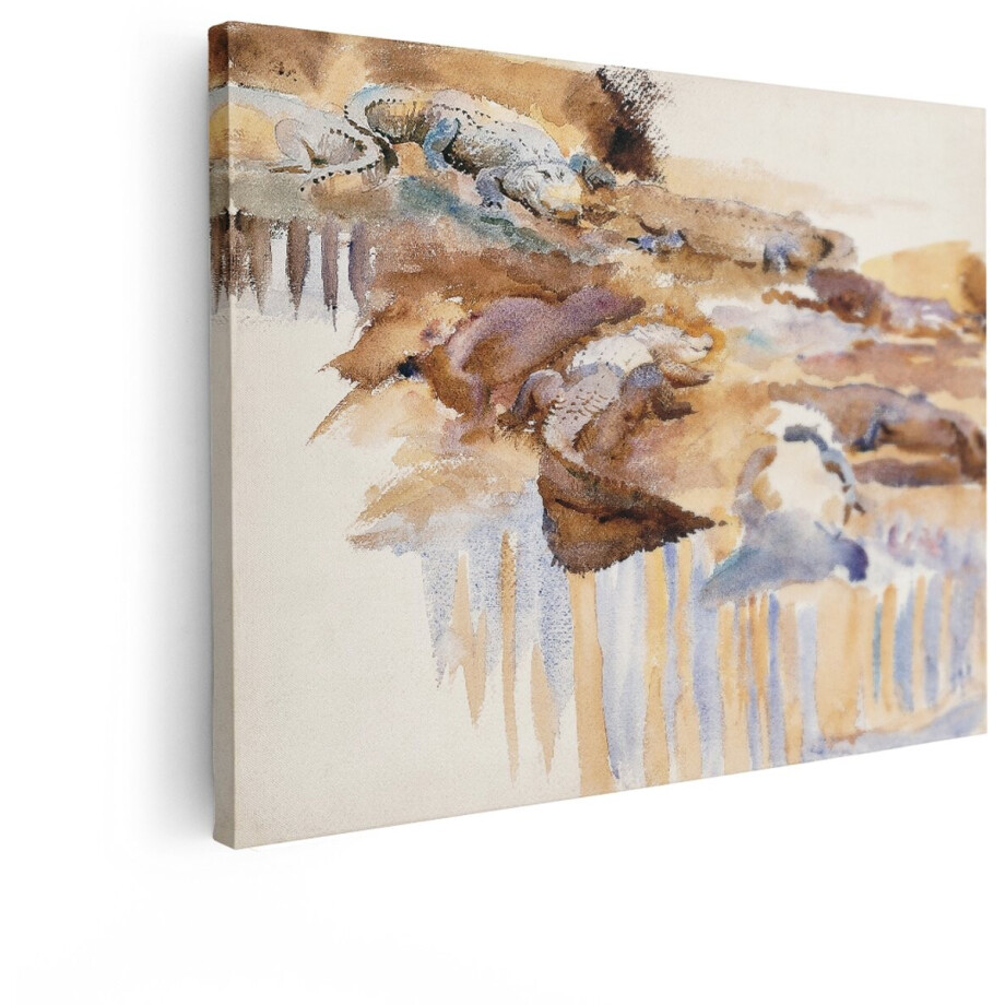 Artaza Canvas Schilderij Aquarel van een Groep Krokodillen Die Rusten op een Zanderige Oever bij het Water - 120x90 cm - Groot - Wanddecoratie Woonkamer - Schilderijen - Muurdecoratie afbeelding 1