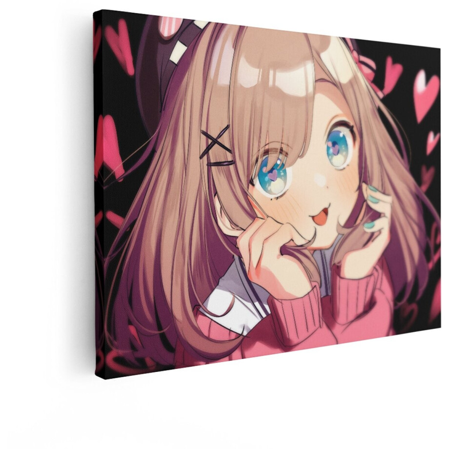 Artaza Canvas Schilderij Schattige Anime Meisje met Grote Blauwe Ogen en Roze Hartjes op de Achtergrond - 80x60 cm - Wanddecoratie Woonkamer - Schilderijen - Muurdecoratie afbeelding 1
