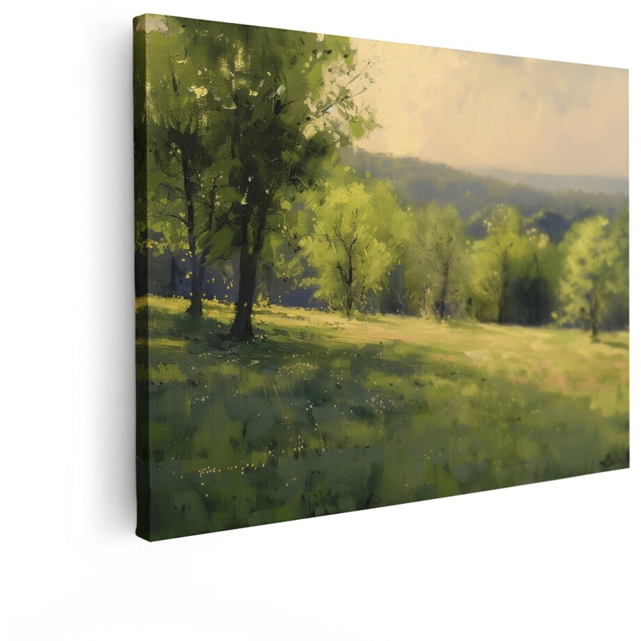 Artaza Canvas Schilderij Zomerse Gloed over Glooiend Landschap met Bomen en Bloemen - 40x30 cm - Klein - Wanddecoratie Woonkamer - Schilderijen - Muurdecoratie afbeelding 1