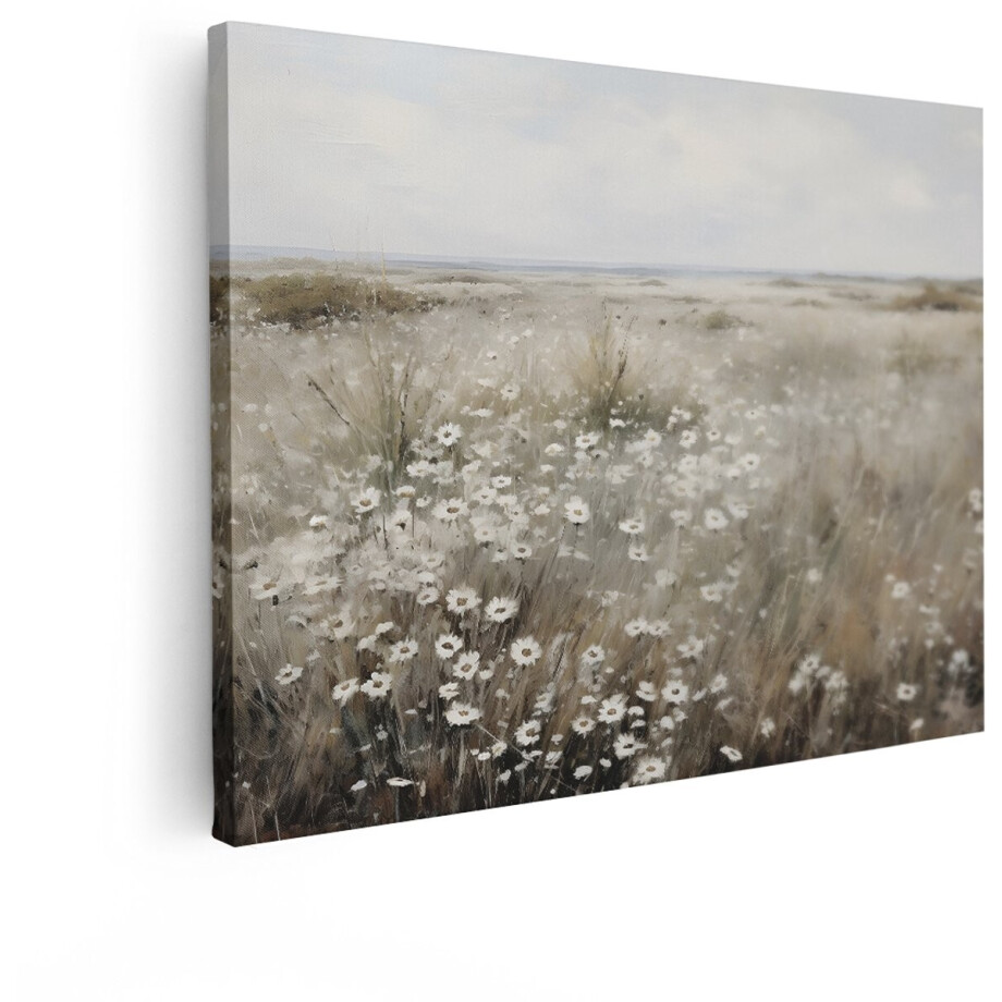 Artaza Canvas Schilderij Bloemenveld Madeliefjes - 80x60 cm - Wanddecoratie Landelijk - Muurdecoratie Natuur - Decoratie Landschap Woonkamer afbeelding 1