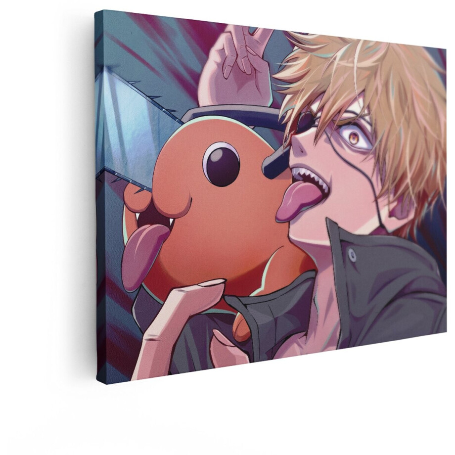 Artaza Canvas Schilderij Anime Jongen met Kettingzaag Demon en Oranje Hondje - Expressief en Dynamisch - 40x30 cm - Klein - Wanddecoratie Woonkamer - Schilderijen - Muurdecoratie afbeelding 1