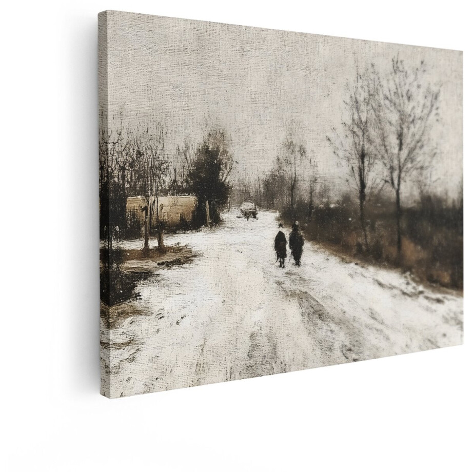 Artaza Canvas Schilderij Twee Figuren Lopen over een Besneeuwde Weg met Kale Bomen en een Auto - 80x60 cm - Wanddecoratie Woonkamer - Schilderijen - Muurdecoratie afbeelding 1