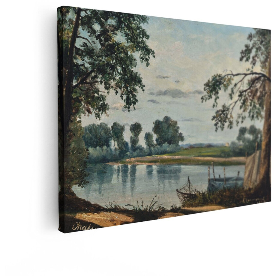 Artaza Canvas Schilderij Rivierlandschap - 120x90 cm - Wanddecoratie Landelijk - Muurdecoratie Natuur - Decoratie Boot afbeelding 1