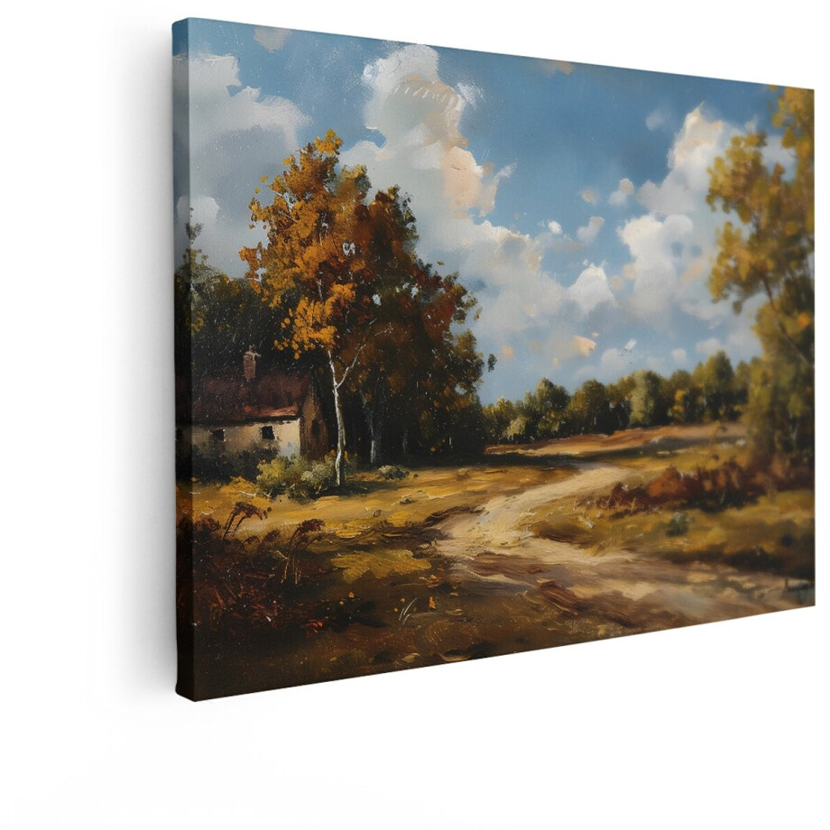Artaza Canvas Schilderij Schilderachtig Landschap met Landhuis en Herfstkleuren langs een Landweg - 80x60 cm - Wanddecoratie Woonkamer - Schilderijen - Muurdecoratie afbeelding 1