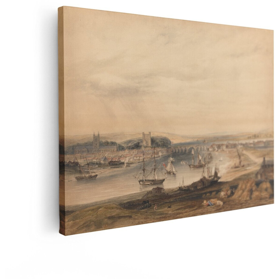 Artaza Canvas Schilderij Historische Rivierhaven met Zeilschepen en Stad aan de Horizon - 80x60 cm - Wanddecoratie Woonkamer - Schilderijen - Muurdecoratie afbeelding 1