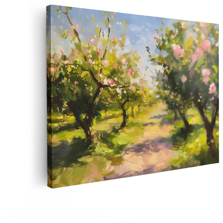Artaza Canvas Schilderij Schilderachtige Bloeiende Boomgaard met een Pad in de Lentezon - 80x60 cm - Wanddecoratie Woonkamer - Schilderijen - Muurdecoratie afbeelding 1