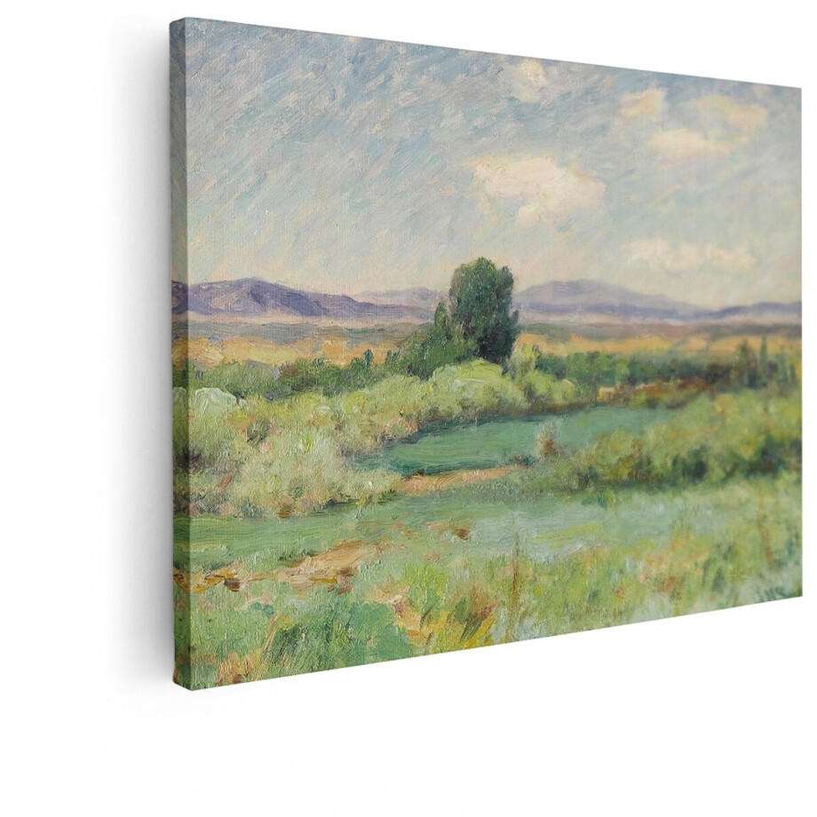 Artaza Canvas Schilderij Schilderachtig Landschap met Groene Velden en Bergen op de Achtergrond - 80x60 cm - Wanddecoratie Woonkamer - Schilderijen - Muurdecoratie afbeelding 1