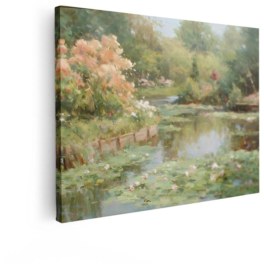 Artaza Canvas Schilderij Schilderij van een Serene Vijver met Bloeiende Waterlelies en Weelderige Vegetatie - 120x90 cm - Groot - Wanddecoratie Woonkamer - Schilderijen - Muurdecoratie afbeelding 1