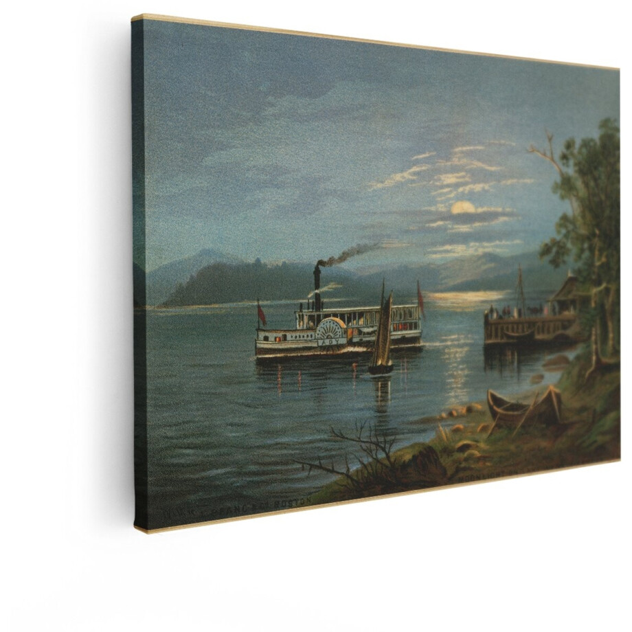Artaza Canvas Schilderij Stoomboot op een meer bij Maanlicht met een Pier en Zeilboot - 80x60 cm - Wanddecoratie Woonkamer - Schilderijen - Muurdecoratie afbeelding 1