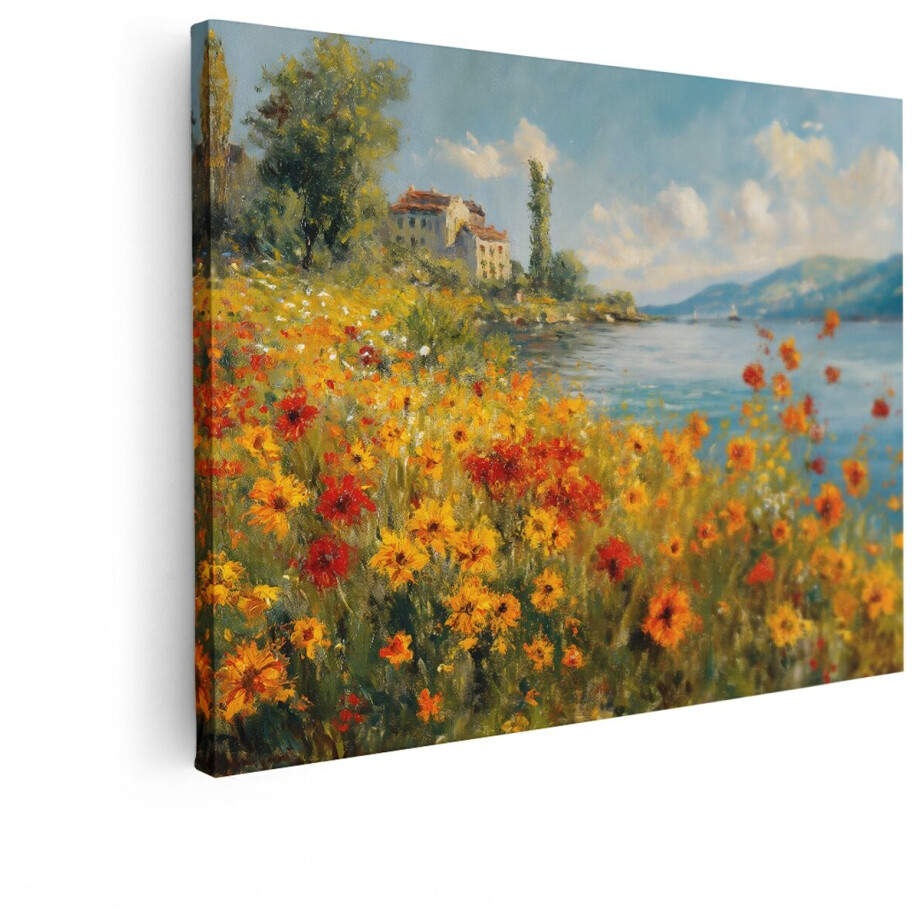 Artaza Canvas Schilderij Schilderij van een Bloeiende Bloemenweide aan een meer met Zeilboten - 120x90 cm - Groot - Wanddecoratie Woonkamer - Schilderijen - Muurdecoratie afbeelding 1