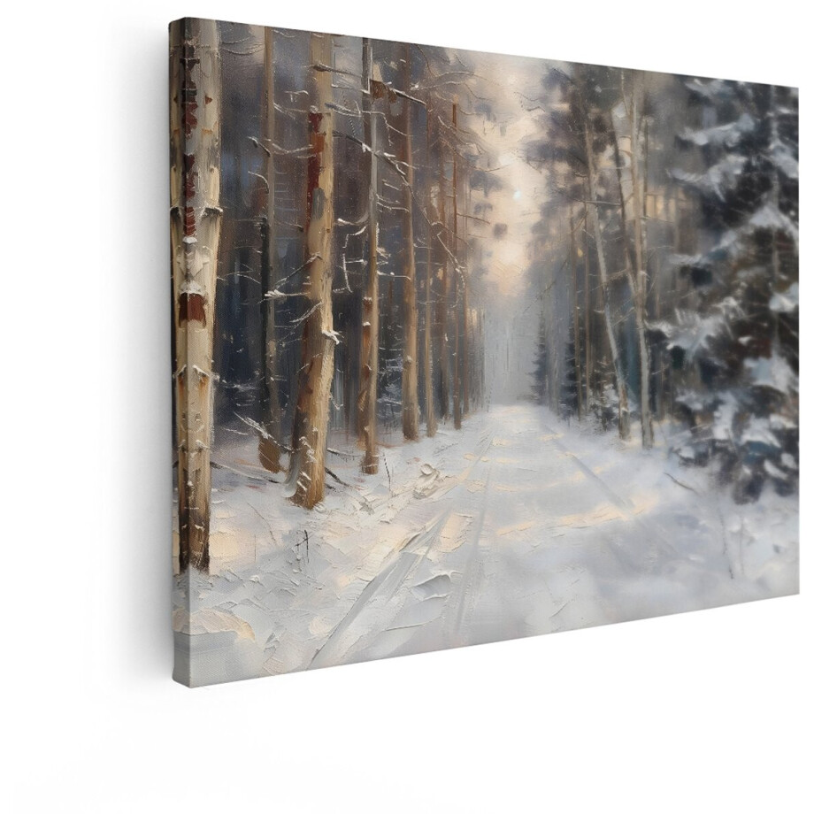 Artaza Canvas Schilderij Winters Bos - 120x90 cm - Wanddecoratie Natuur - Muurdecoratie Besneeuwde Bosweg - Decoratie Bomen Landschap afbeelding 1