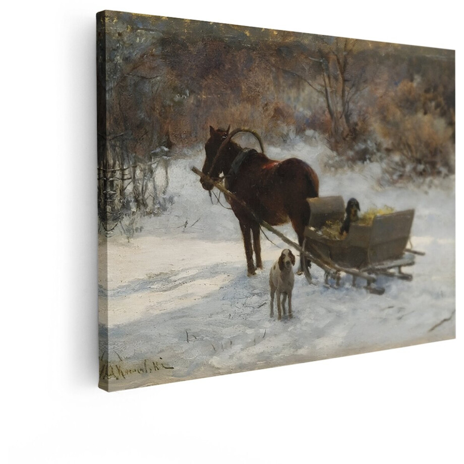 Artaza Canvas Schilderij Winterlandschap - 40x30 cm - Wanddecoratie Paard En Slee - Muurdecoratie Honden - Decoratie Klassiek - Kamer Accessoires afbeelding 1