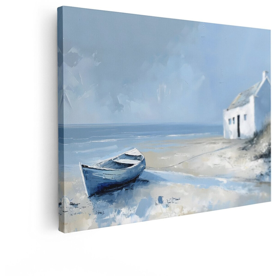 Artaza Canvas Schilderij Schilderij van een Wit Huisje met Boot aan de Kust in de Ochtendzon - 80x60 cm - Wanddecoratie Woonkamer - Schilderijen - Muurdecoratie afbeelding 1