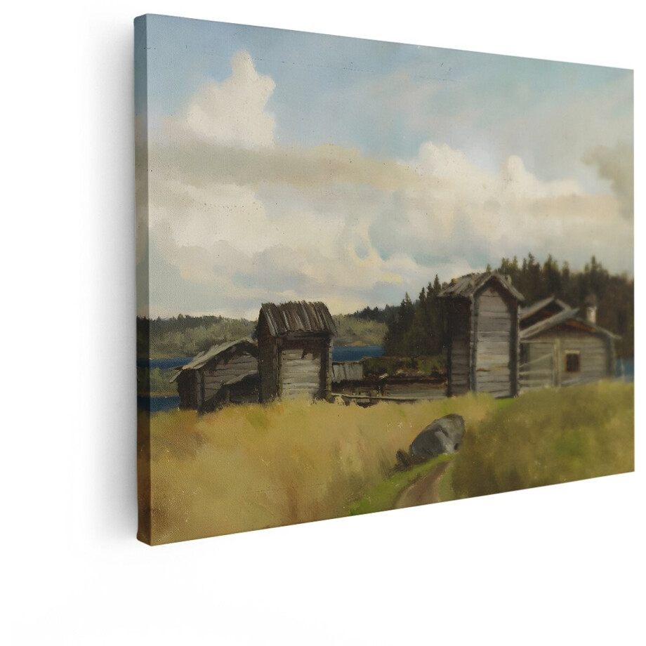 Artaza Canvas Schilderij Schilderij van een Rustiek Fins Dorpje aan het Water met Houten Gebouwen - 80x60 cm - Wanddecoratie Woonkamer - Schilderijen - Muurdecoratie afbeelding 1