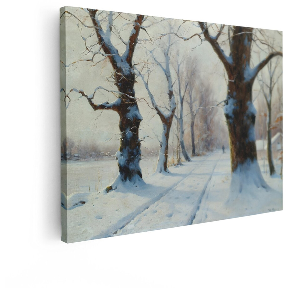 Artaza Canvas Schilderij Schilderij van een Besneeuwd Winterlandschap met Bomen en een Pad - 80x60 cm - Wanddecoratie Woonkamer - Schilderijen - Muurdecoratie afbeelding 1