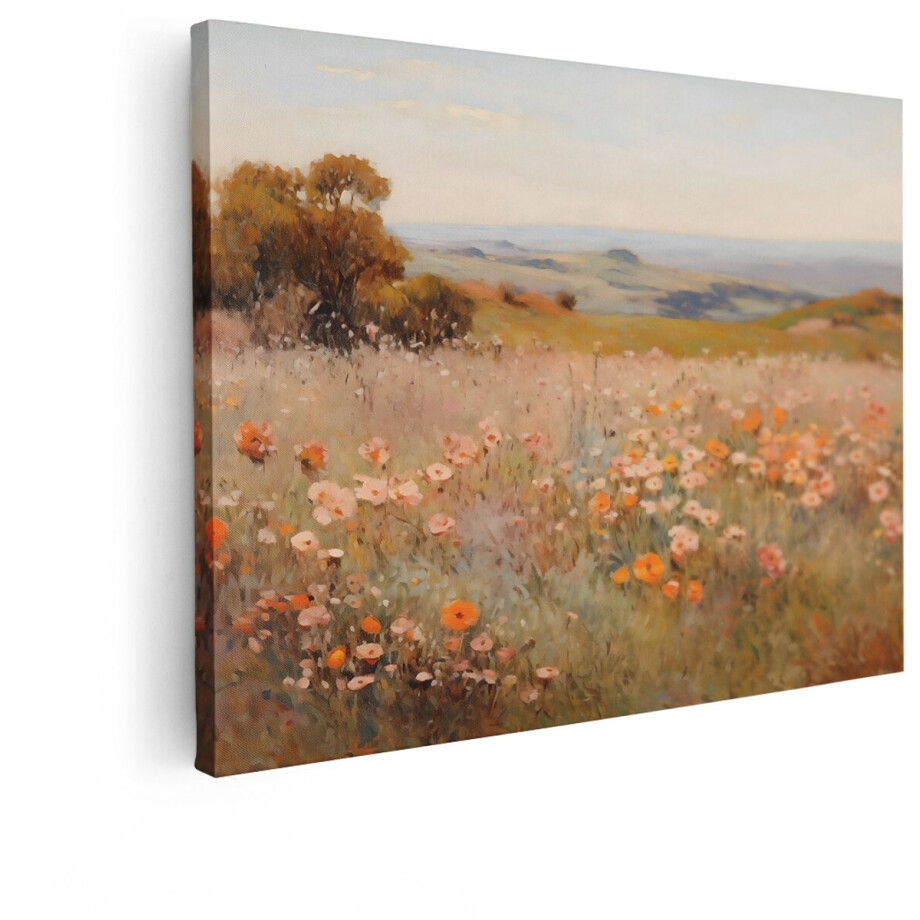 Artaza Canvas Schilderij Bloemenveld - 120x90 cm - Wanddecoratie Landschap - Muurdecoratie Natuur - Decoratie Woonkamer - Roze afbeelding 1