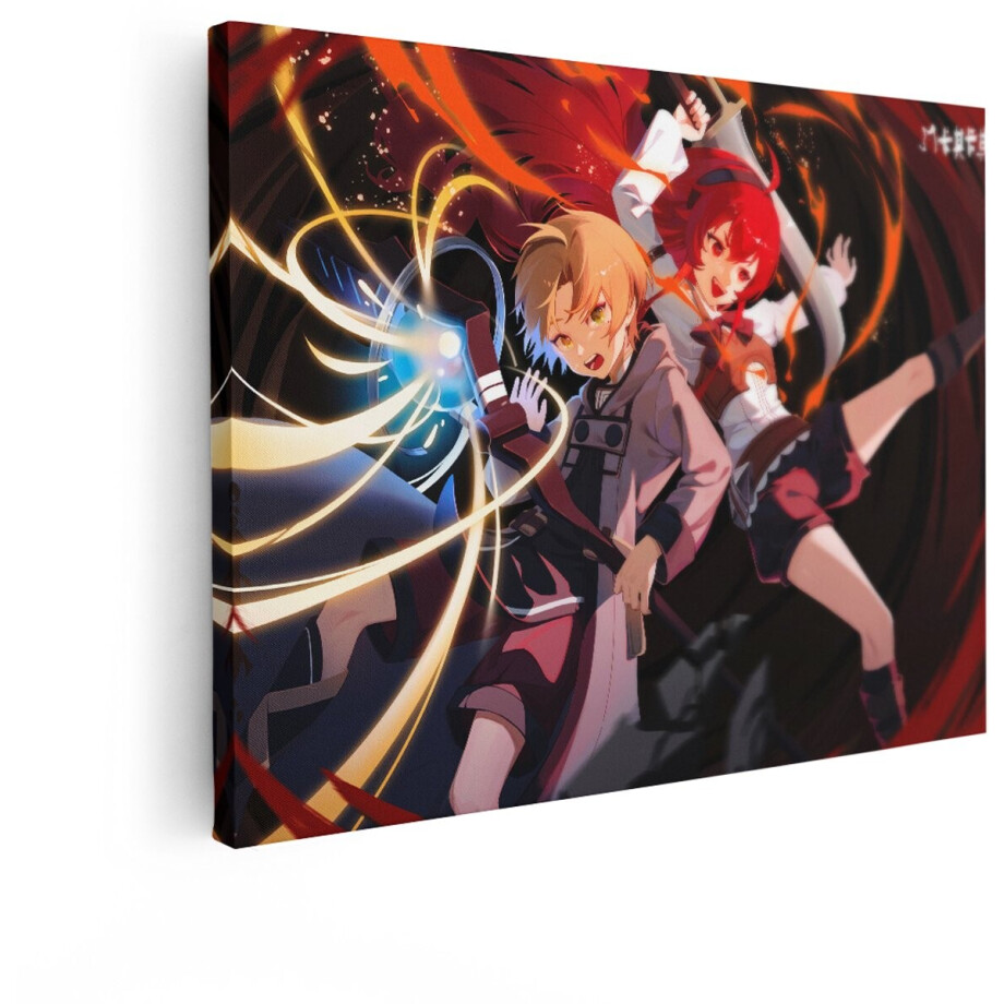 Artaza Canvas Schilderij Anime Duo - 80x60 cm - Wanddecoratie Magie En Zwaarden - Muurdecoratie Jongens Slaapkamer - Schilderijen Op Canvas Rood afbeelding 1