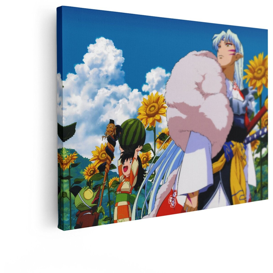 Artaza Canvas Schilderij Anime Personages in een Zonnebloemveld onder een Blauwe Hemel met Wolken - 80x60 cm - Wanddecoratie Woonkamer - Schilderijen - Muurdecoratie afbeelding 1