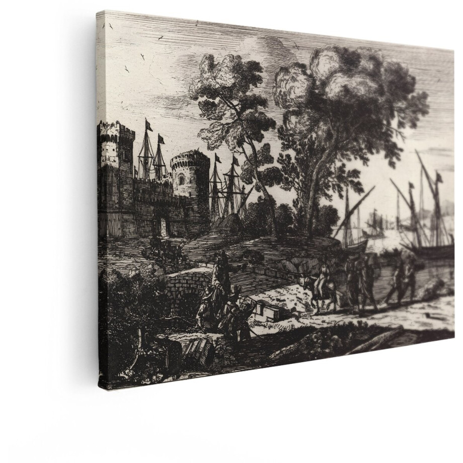 Artaza Canvas Schilderij Landschap Haven - 40x30 cm - Wanddecoratie Antieke Gravure - Muurdecoratie Zeilschepen - Kamer Accessoires Zwart Wit afbeelding 1