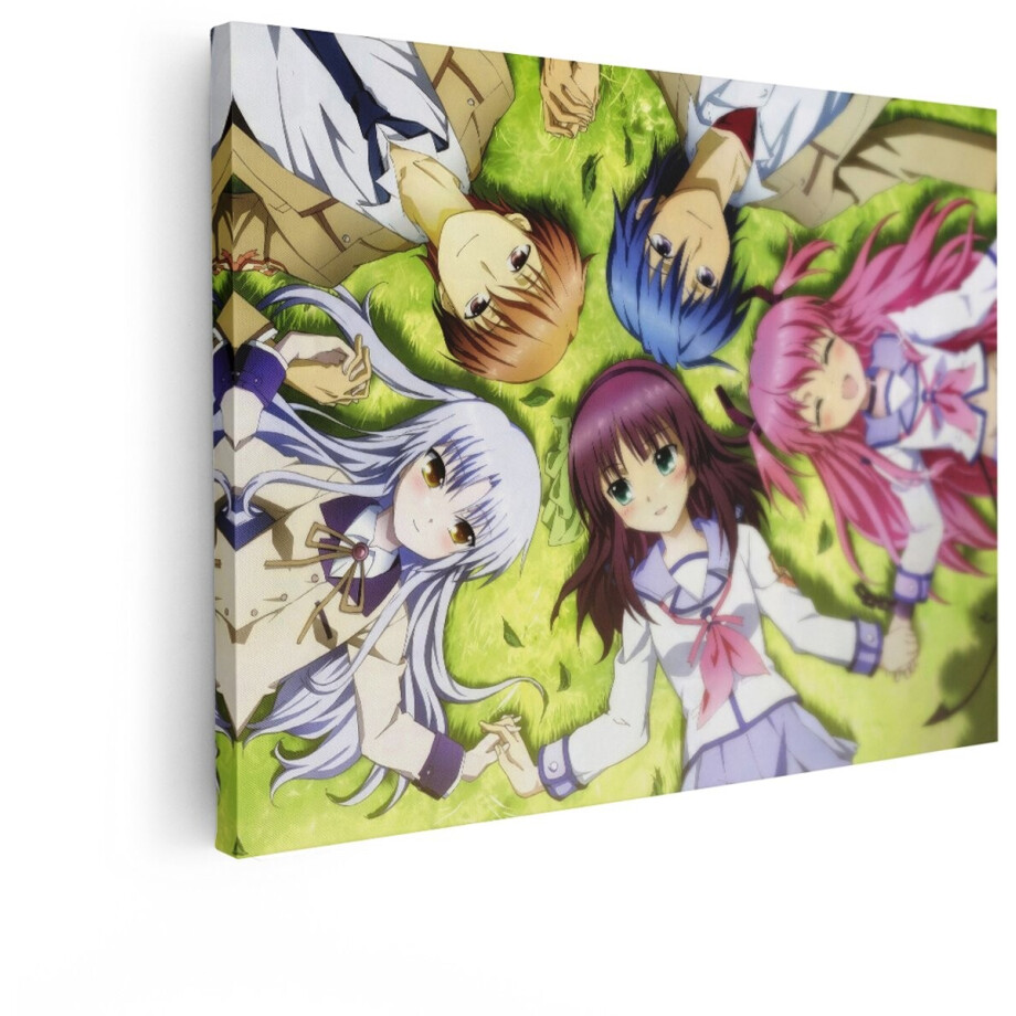 Artaza Canvas Schilderij Vier Anime Personages Liggen op Gras en Houden Elkaars Hand Vast - 120x90 cm - Groot - Wanddecoratie Woonkamer - Schilderijen - Muurdecoratie afbeelding 1