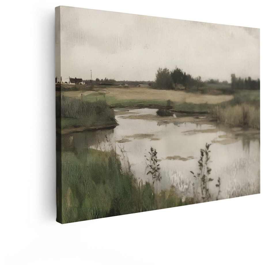 Artaza Canvas Schilderij Schilderachtig Landschap met Water en Huizen op de Achtergrond onder een Bewolkte Hemel - 40x30 cm - Klein - Wanddecoratie Woonkamer - Schilderijen - Muurdecoratie afbeelding 1