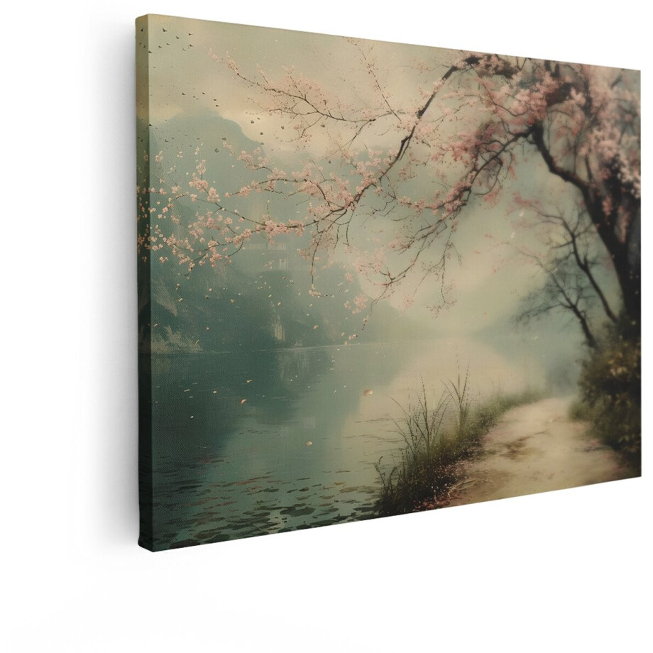 Artaza Canvas Schilderij Serene Kersenbloesempad langs een Rustig meer in Mistige Lente - 80x60 cm - Wanddecoratie Woonkamer - Schilderijen - Muurdecoratie afbeelding 1