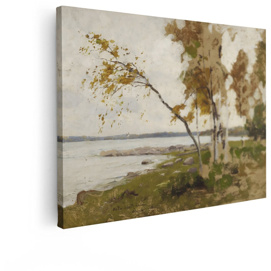 Artaza Canvas Schilderij Schilderij van een Waterlandschap met Bomen aan de Kust in de Herfst - 80x60 cm - Wanddecoratie Woonkamer - Schilderijen - Muurdecoratie afbeelding 1