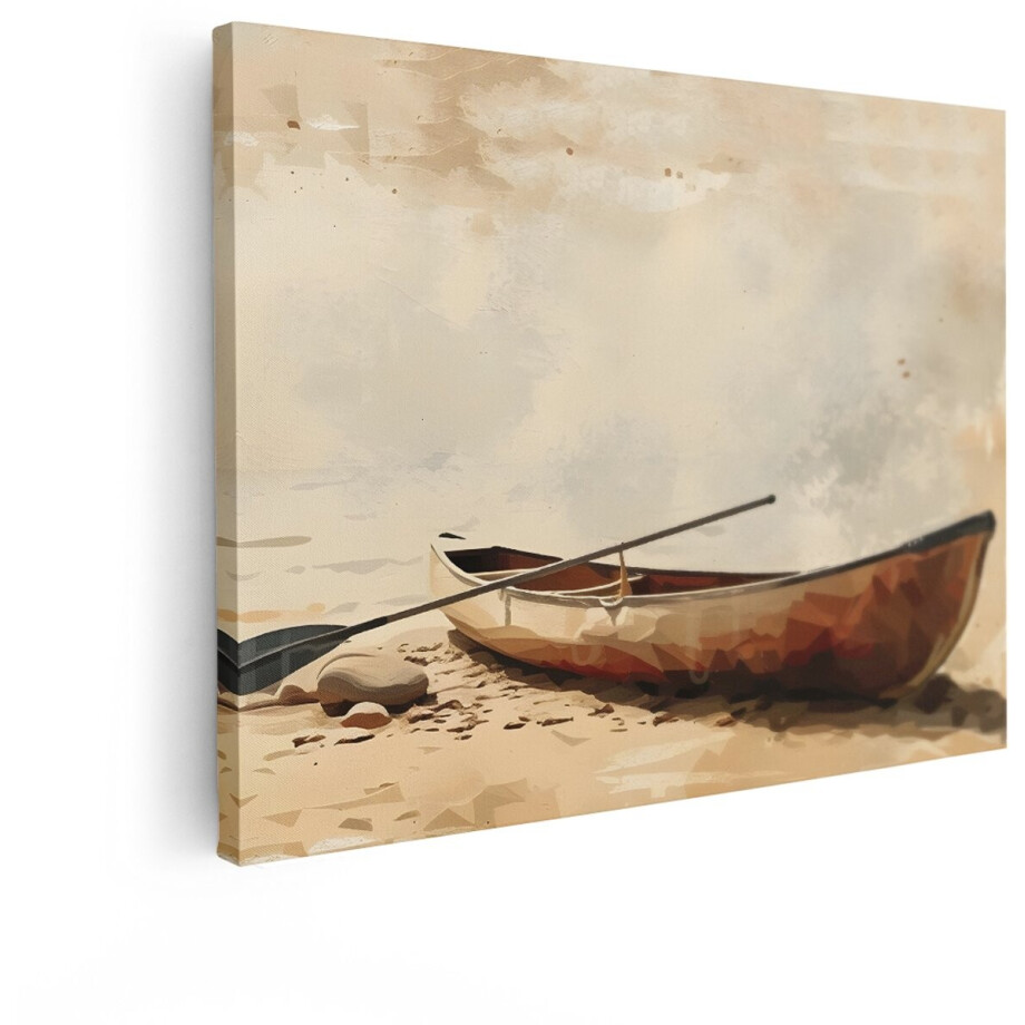 Artaza Canvas Schilderij Een Roeiboot met Peddel op een Zandstrand - Geschilderd in Aquarel - 40x30 cm - Klein - Wanddecoratie Woonkamer - Schilderijen - Muurdecoratie afbeelding 1