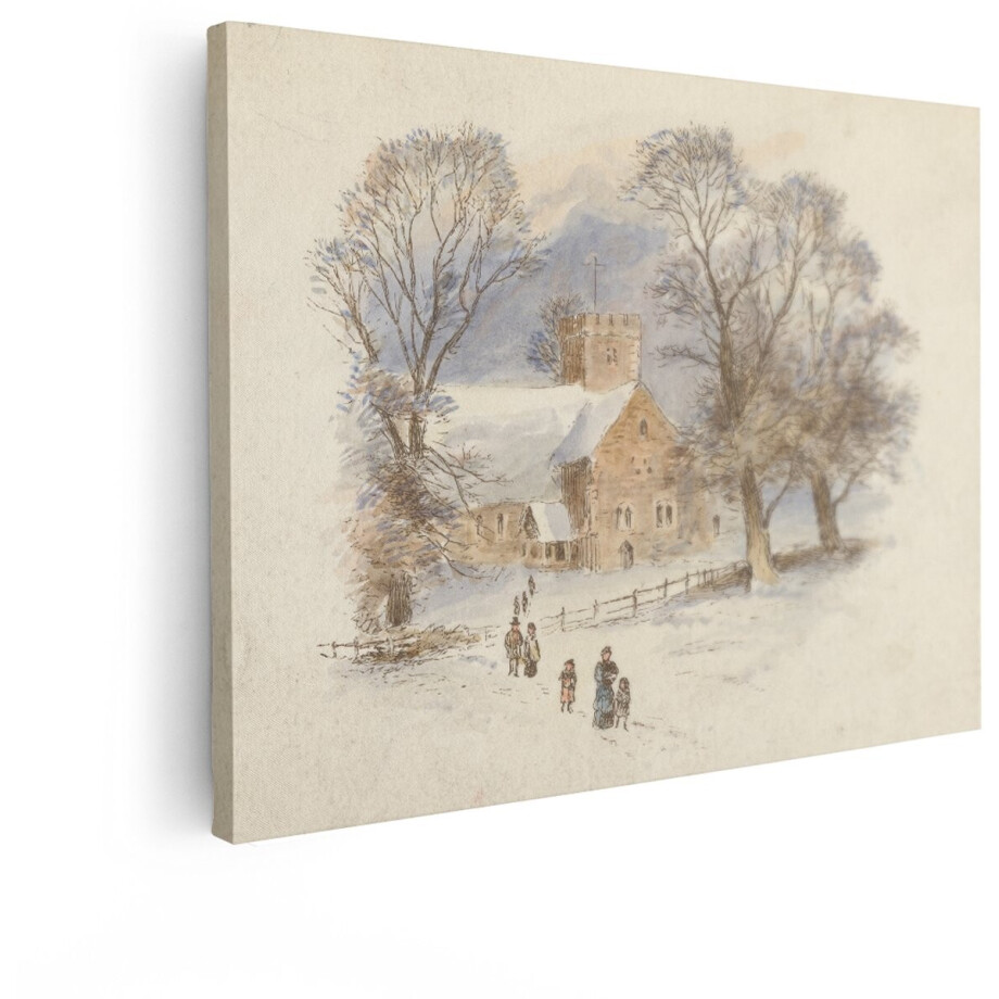 Artaza Canvas Schilderij Schilderachtige Kerk in de Winter met Besneeuwde Bomen en Figuren op Weg - 40x30 cm - Klein - Wanddecoratie Woonkamer - Schilderijen - Muurdecoratie afbeelding 1