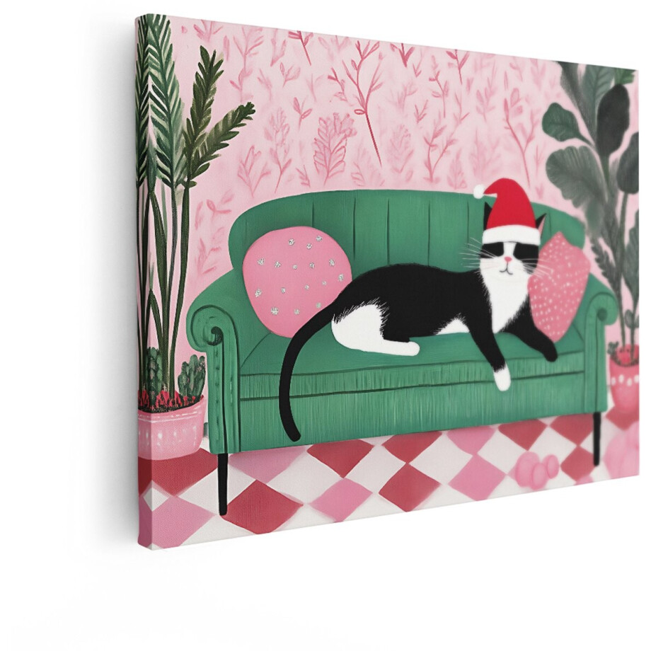 Artaza Canvas Schilderij Zwarte Kat - 40x30 cm - Wanddecoratie Kerst - Muurdecoratie Dieren - Kamer Accessoires Slaapkamer - Groen afbeelding 1