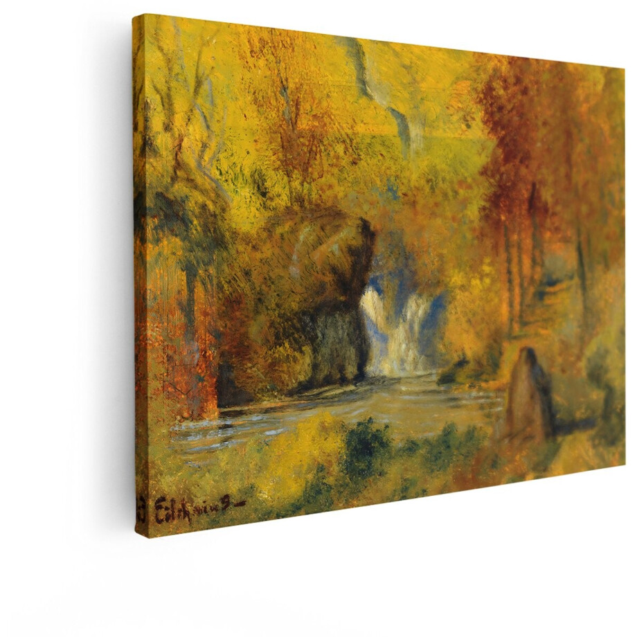 Artaza Canvas Schilderij Schilderij van een Herfstlandschap met een Waterval en een Rivier - 40x30 cm - Klein - Wanddecoratie Woonkamer - Schilderijen - Muurdecoratie afbeelding 1