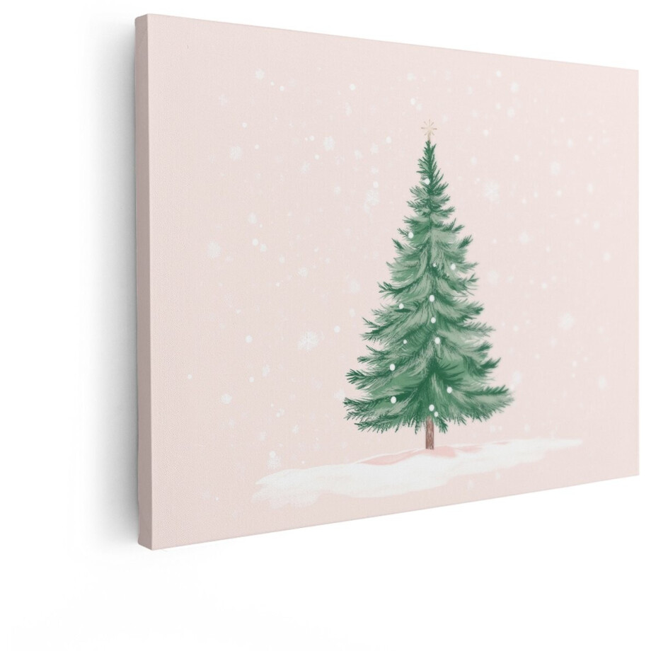 Artaza Canvas Schilderij Sfeervolle Kerstboom met Sneeuwvlokken op Zachte Roze Achtergrond - 120x90 cm - Groot - Wanddecoratie Woonkamer - Schilderijen - Muurdecoratie afbeelding 1
