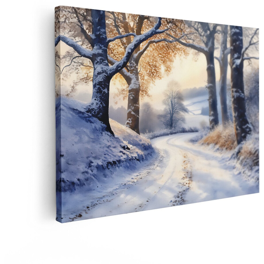 Artaza Canvas Schilderij Sfeervolle Winterse Landweg met Besneeuwde Bomen en Gouden Ochtendzon - 80x60 cm - Wanddecoratie Woonkamer - Schilderijen - Muurdecoratie afbeelding 1