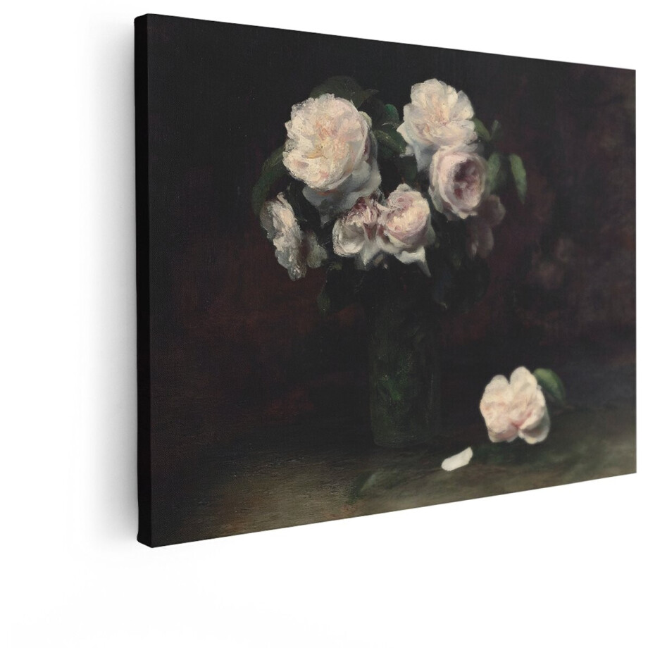 Artaza Canvas Schilderij Fijne Witte Rozen in een Vaas met een Gevallen Bloem op een Donkere Achtergrond - 40x30 cm - Klein - Wanddecoratie Woonkamer - Schilderijen - Muurdecoratie afbeelding 1